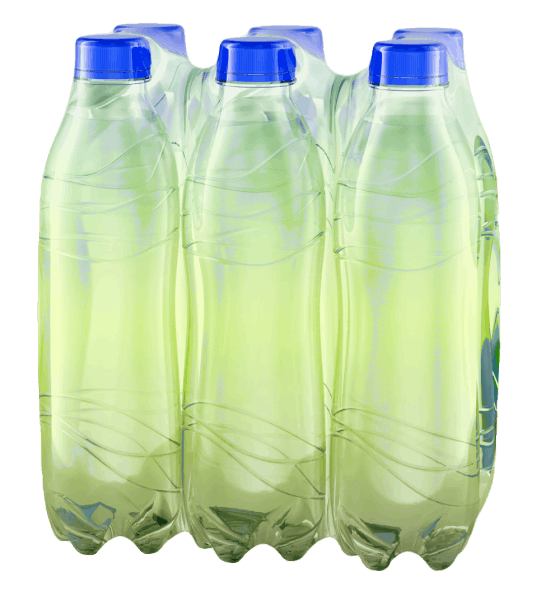 A shrink-wrapped six-pack of plastic water bottles.